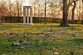 MORTON HALL, WORCESTERSHIRE: CROCUS IN THE PARKLAND MEADOW WITH MONOPTEROS BEHIND. CROCUSES, CROCI, FEBRUARY, SUNRISE, MEADOWS, NATURALISED, MASSES