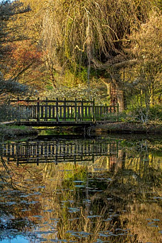 LITTLE_MALVERN_COURT_WORCESTERSHIRE_WOODEN_BRIDGE_REFLECTED_IN_THE_LAKE_POND_WATER_POOLS_SPRING