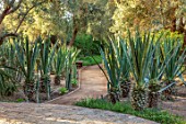 TAROUDANT, MOROCCO: DESIGNERS ARNAUD MAURIERES AND ERIC OSSART: PATH, TERRACE, AGAVES, CLIPPED, SUCCULENTS, ARID, DRY