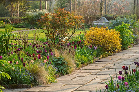 GRAVETYE_MANOR_SUSSEX_SPRING_APRIL_COUNTRY_GARDEN_STONE_PATHS_TULIPS_SHRUBS_IN_THE_BORDERS_LAWNS