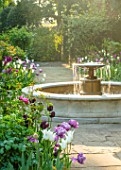 MORTON HALL, WORCESTERSHIRE: TULIPS IN THE SOUTH GARDEN, PATHS, FOUNTAIN, WATER, FEATURE, SPRING, APRIL