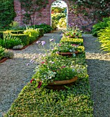 MANOR FARM, CHESHIRE: THE FORMAL HERB GARDEN, BOX HEDGES, HEDGING, TERRACOTTA CONTAINERS, VERBENA, HELICHRYSUM, SCABIOUS CLIVE GREAVES, WALL, GATE, ARCH, GRAVEL