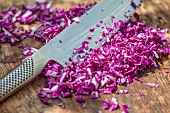CLAUS DALBY GARDEN, DENMARK: CLAUS CHOPPING UP RED CABBAGE IN HIS OUTDOOR KITCHEN