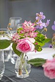 CLAUS DALBY GARDEN, DENMARK: PINK ROSES, FLOWERS IN VASE, DEUTZIA X HYBRIDA STRAWBERRY FIELDS, SHRUBS, BLOOMS, SPRING, TABLE