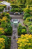 CLAUS DALBY GARDEN, DENMARK: VIEW ALONG PATH TO SEATING AREA, PATIO, TABLE, CHAIRS, TERRACE, FOLIAGE, LEAVES, GREEN, HOSTAS IN CONTAINERS, ACER SHIRASAWANUM, SHRUB, FULLMOON MAPLE