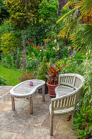WATERDALE_GARDEN_WOLVERHAMPTON_WEST_MIDLANDS_WOODEN_BENCH_SEAT_AND_TABLE_ON_PATIO_CANNA_IN_TERRACOTT