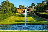 THE NEWT IN SOMERSET: VIEW TO HOUSE ACROSS BATHING POND, FOUNTAIN, LONG GRASS WALK, JULY, ENGLISH, COUNTRY, GARDENS
