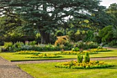 CANONS ASHBY, NORTHAMPTONSHIRE, THE NATIONAL TRUST - LAWN, BEDDING,  CEDAR OF LEBANON, FORMAL, PARK, JULY