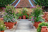 WHICHFORD POTTERY, OXFORDSHIRE: PATH WITH CONTAINER PLANTINGS IN TERRACOTTA CONTAINERS, AUGUS