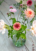 GREEN AND GORGEOUS FLOWERS, OXFORDSHIRE: TABLE ARRANGEMENT OF GLASS VASE FOR WEDDING ALONG GREY, BLUE TABLE - DAHLIAS, ZINNIAS, ROSES, FALL, AUTUMN, BLOOMING, BULBS