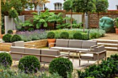 DESIGNER ANTHONY PAUL: SMALL, TOWN, FORMAL, GARDEN, SEATING, CLIPPED, TOPIARY, BOX, BALLS, SCULPTURE, TREE FERN, DICKSONIA ANTARCTICA, GRAVEL, LONDON
