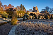 DRUMMOND CASTLE GARDENS, SCOTLAND: LAWN, FROST, FROSTY, CASTLE, CLIPPED, TOPIARY, SHAPES, GARDENS, SCOTTISH, WINTER, PATHS