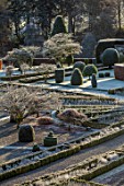 DRUMMOND CASTLE GARDENS, SCOTLAND: LAWN, FROST, FROSTY, CASTLES, CLIPPED, TOPIARY, SHAPES, YEW, GARDENS, SCOTTISH, WINTER, HEDGES, HEDGING, SUNRISE, PARTERRE