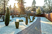 DRUMMOND CASTLE GARDENS, SCOTLAND: LAWN, FROST, FROSTY, CASTLES, CLIPPED, TOPIARY, SHAPES, GARDENS, SCOTTISH, WINTER, HEDGES, HEDGING, SUNRISE, PATH