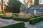 ST TIMOTHEE, BERKSHIRE - FOSTY, CLIPPED TOPIARY BOX PARTERRE, PEROVSKIA, OLIVE TREE, OUTBUILDING, WINTER, JANUARY, FROST, ENGLISH, COUNTRY, GARDEN