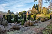 BRYANS GROUND, HEREFORDSHIRE - CLIPPED TOPIARY IN THE SUNK GARDEN, HEDGES, HEDGING, FROST, FROSTY, WINTER, LANTERN FOLLY, IRISH YEWS, FORMAL, PATH