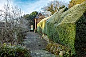 BRYANS GROUND, HEREFORDSHIRE: THE SUNK GARDEN, ARTS AND CRAFTS, PATH, CLIPPED YEW HEDGING, HEDGES,TOPIARY, THE LANTERN, FOLLY, FOLLIES, FORMAL, COUNTRY GARDEN, FROST, FROSTY