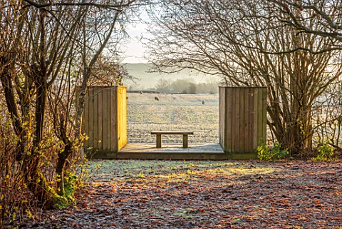 BRYANS_GROUND_HEREFORDSHIRE_THE_LIGHTBOX_CRICKET_WOOD_WINTER_WOODLAND_WOODEN_BENCH_SEAT_COUNTRY_GARD