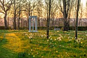 MORTON HALL GARDENS, WORCESTERSHIRE: SNAKES HEAD FRITILLARIES, DAFFODILS, NARCISSUS MEADOW, PARKLAND, MONOPTEROS, FOLLY, FOLLIES, DAWN, SUNRISE, MARCH, SPRING, BULBS