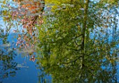 MORTON HALL GARDENS, WORCESTERSHIRE: THE STROLL GARDEN, POOL, POND, WATER, LOWER POND, REFLECTIONS, REFLECTED, SPRING, APRIL