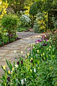 MORTON HALL GARDENS, WORCESTERSHIRE: TULIPS IN THE SOUTH GARDEN, APRIL, SPRING, PATHS, MORNING LIGHT, TULIPA SPRING GREEN, TULIPA SAPPORO