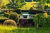 FONTHILL HOUSE GARDENS: WATER GARDEN ON SLOPE, WILLIAM PYE WATER FEATURE, YEW HEDGES, HEDGING, SPRING, MAY, ENGLISH, COUNTRY, GARDENS