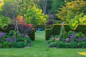 FONTHILL HOUSE GARDENS: SPRING, MAY, ENGLISH, COUNTRY, GARDENS, LAWN, BORDERS WITH ALLIUM PURPLE SENSATION, BULBS, YEW HEDGES, HEDGING WILLIAM PYE WATER FEATURE