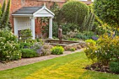 NEVILL HOLT, LEICESTERSHIRE: WALLED GARDEN, LAWN, GAZEBO, POOL, POND, ANTHONY GORMLEY SCULPTURE