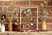 BEX PARTRIDGE, BOTANICAL TALES: SHELF, PRESSED PANSY FLOWER FRAME, BOTTLES WITH FRESHLY PICKED GARDEN PANSIES, DRIED SCABIOUS STELLATA