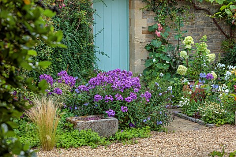 THE_MANOR_HOUSE_STEVINGTON_BEDFORDSHIRE_DESIGNER_KATHY_BROWN__GRAVEL_CONTAINER_PLANTED_WITH_HYDRANGE