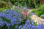 MORTON HALL GARDENS, WORCESTERSHIRE: SOUTH GARDEN, BORDERS, BLUE FLOWERS OF AGAPANTHUS NORTHERN STAR, ROSES, ROSA BLUSH CHINA, PEROVSKIA BLUE SPIRE, FOUNTAIN
