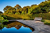THE OLD VICARAGE, WORMINGFORD, ESSEX: DESIGNER JEREMY ALLEN - BLACK POOL, POND, TERRACE, WOODEN, BENCH, SEATS, MIRRORED, REFLECTIONS, REFLECTED, HEGDES, HEDGING, WATER