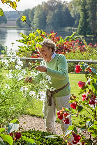 THE_DOWER_HOUSE_DERBYSHIRE_OWNER_GRISELDA_KERR_CUTTING_WHITE_COSMOS_BESIDE_HOUSE