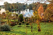 THE DOWER HOUSE, DERBYSHIRE: CLIPPED TOPIARY LIGUSTRUM DELAVAYANUM, SYN. L. IONANDRUM, SCULPTURE BY HELEN SINCLAIR. METASEQUOIA GOLD RUSH, LAKE, WATER, BORROWED LANDSCAPE