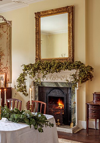 MARBURY_HALL_SHROPSHIRE_DESIGNER_SOFIE_PATONSMITH__DINING_ROOM_FIREPLACE_GARLAND_OF_HOPS_TABLE_CHAIR