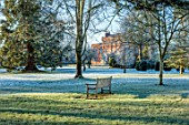 MORTON HALL, WORCESTERSHIRE: WINTER, FROST, FROSTY, JANUARY, BENCHES, THE HOUSE, PARKLAND, TREES, MEADOW