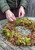 BABYLON FLOWERS, OXFORDSHIRE: COPPER SPICE WREATH - WRAPPING DAMP SPHAGNUM MOSS AROUND WIRE FRAME - GARDEN TWINE TO HOLD THE MOSS IN PLACE