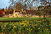 HEVER CASTLE & GARDENS, KENT: DAFFODILS, NARCISSUS, BESIDE LAKE, POND, MARCH, TREES, BUILDINGS, SPRING, BULBS