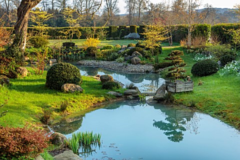 LOWER_BOWDEN_MANOR_BERKSHIRE_SPRING_APRIL_POND_POOL_YEW_BALLS_CLOUD_PRUNED_TREE_IN_WOODEN_BOX_CONTAI