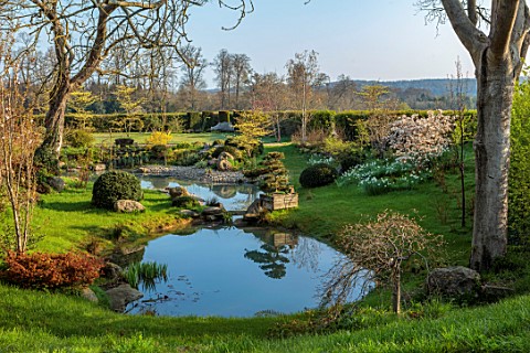 LOWER_BOWDEN_MANOR_BERKSHIRE_SPRING_APRIL_POND_POOL_CLOUD_PRUNED_TREE_WOODEN_BOX_CONTAINER_REFLECTIO